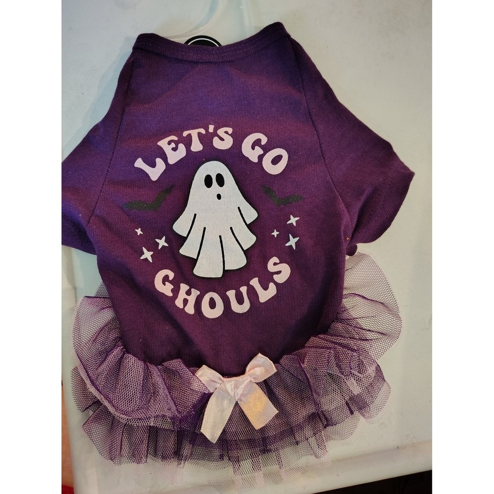 Halloween Dog Dress S Purple/White Tulle Ghost Tutu "Let's Go Ghouls"